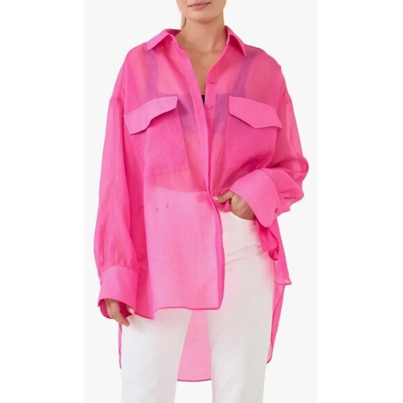 Grey Lab Woman's Sz S Pink Sheer Oversize Overshirt in Pink with Belt - Picture 2 of 9